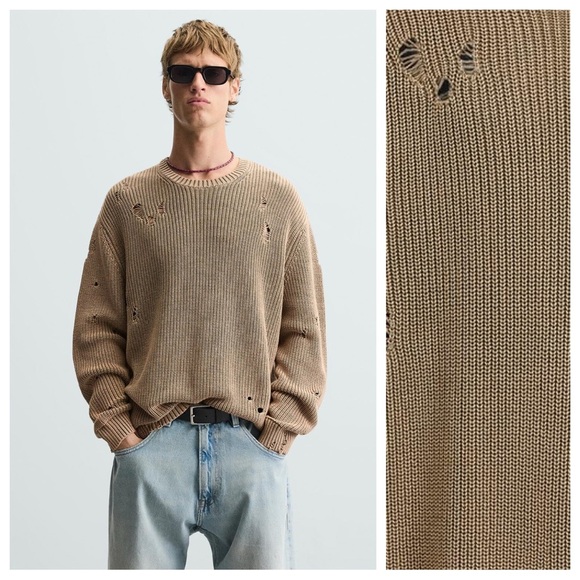 Zara Other - NWOT. Zara Man Camel Ripped Acid Wash Knit Sweater. Size M.